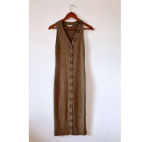 Ronny Kobo Elanna Button Front Midi Bodycon Dress Khaki Brown Size Large - Picture 3 of 9
